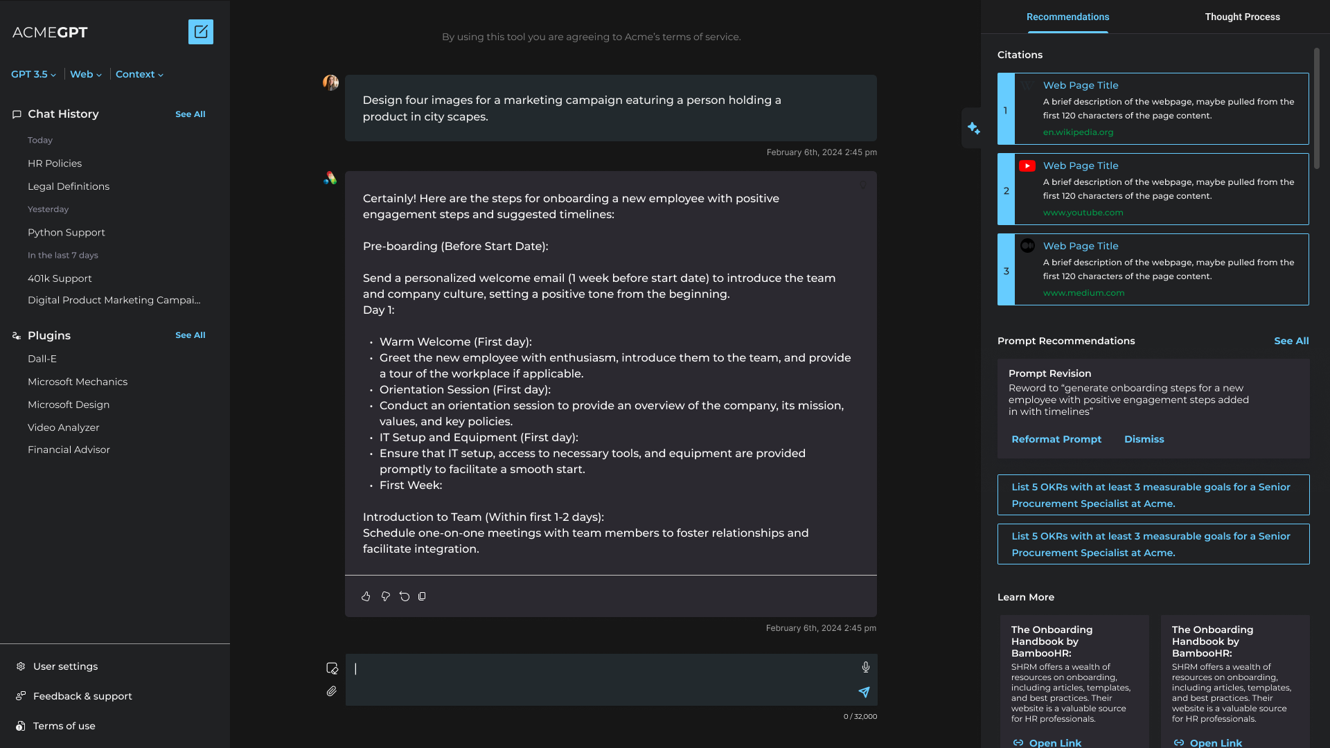 AcmeGPT desktop — dark mode