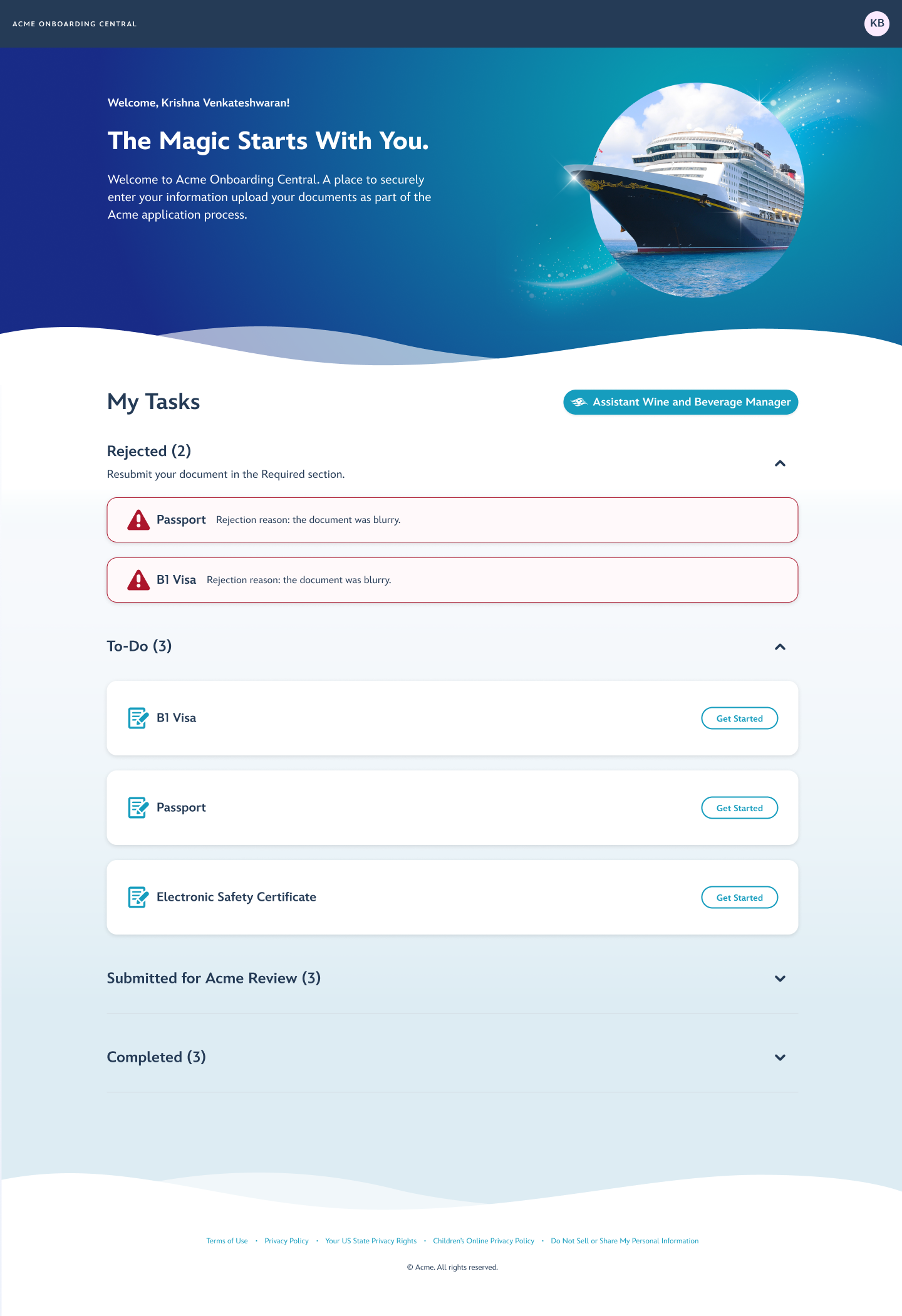 Candidate dashboard showing task overview and progress