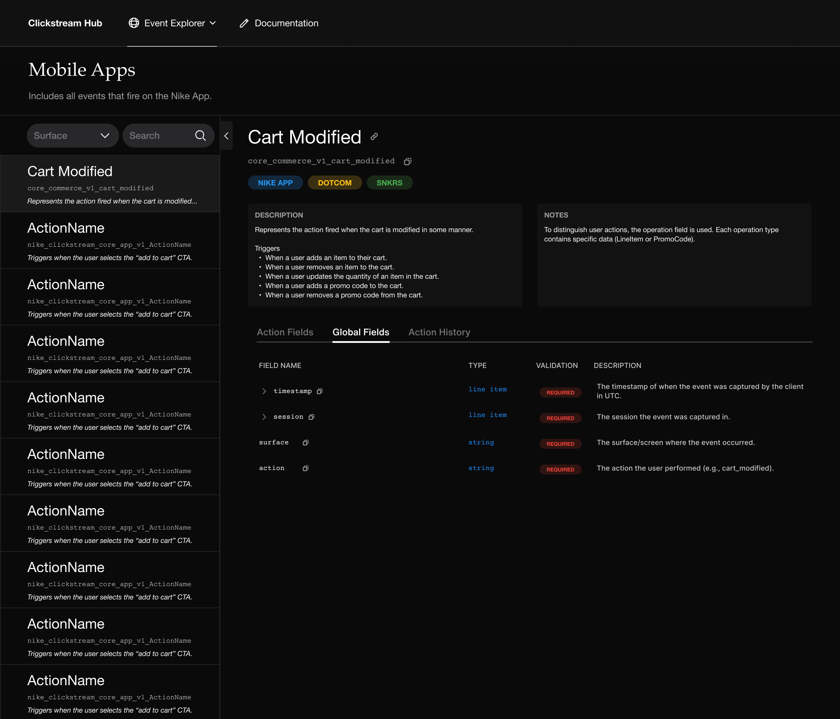 Clickstream Hub — global fields for event