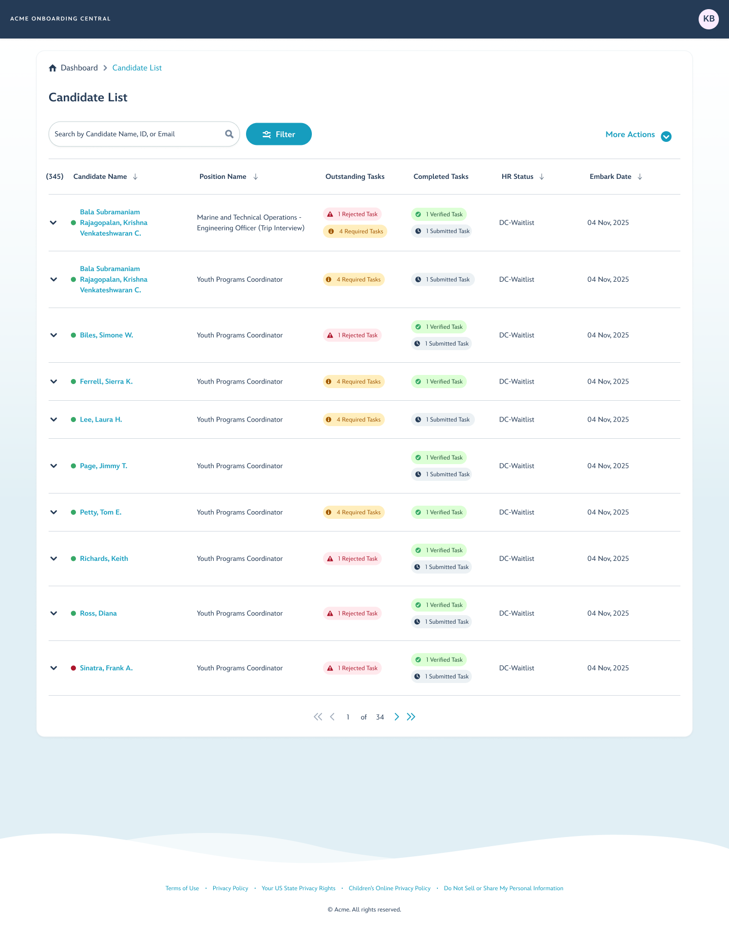 Recruiter dashboard with collapsed candidate details
