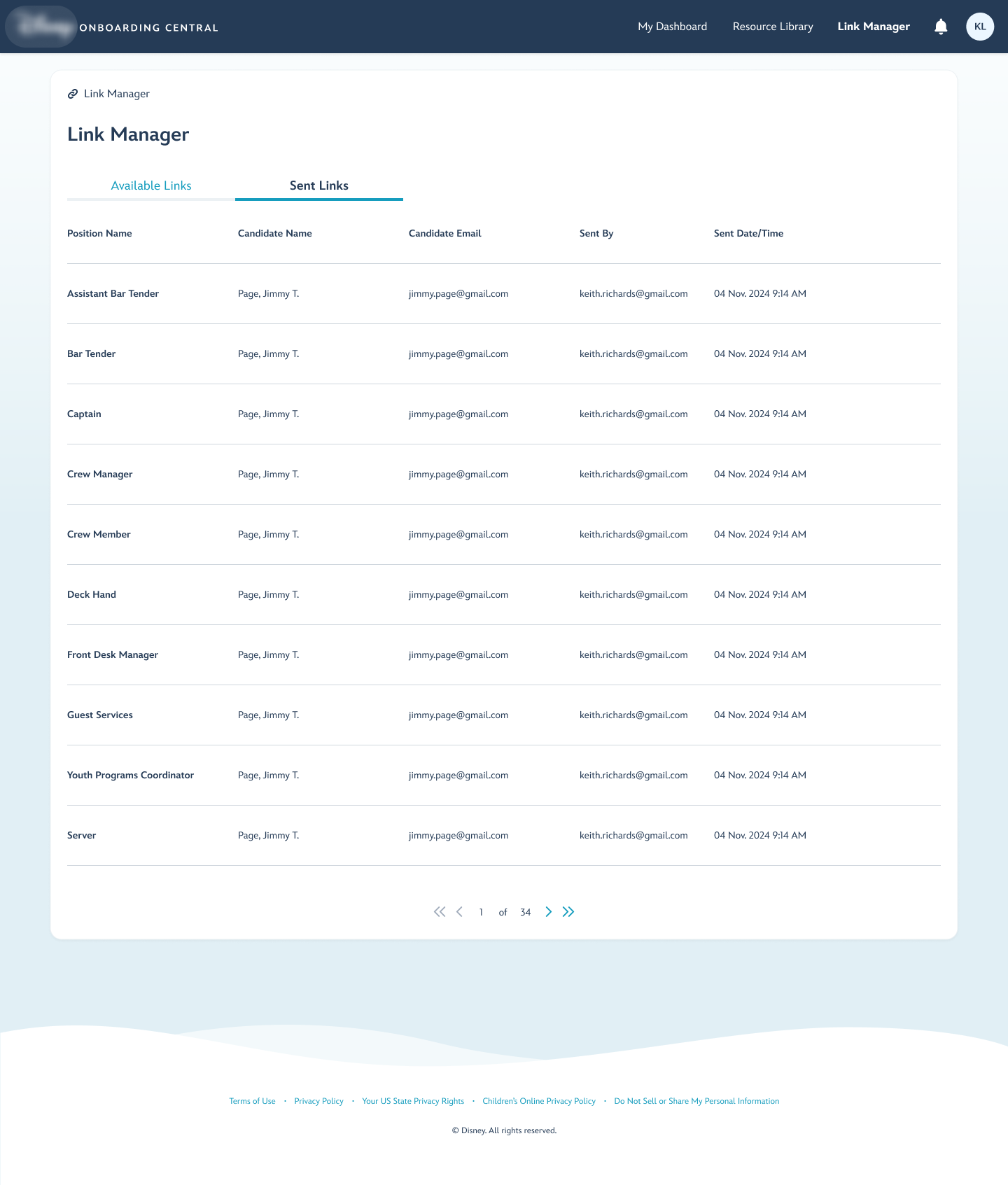 Recruiter view of links sent to candidates