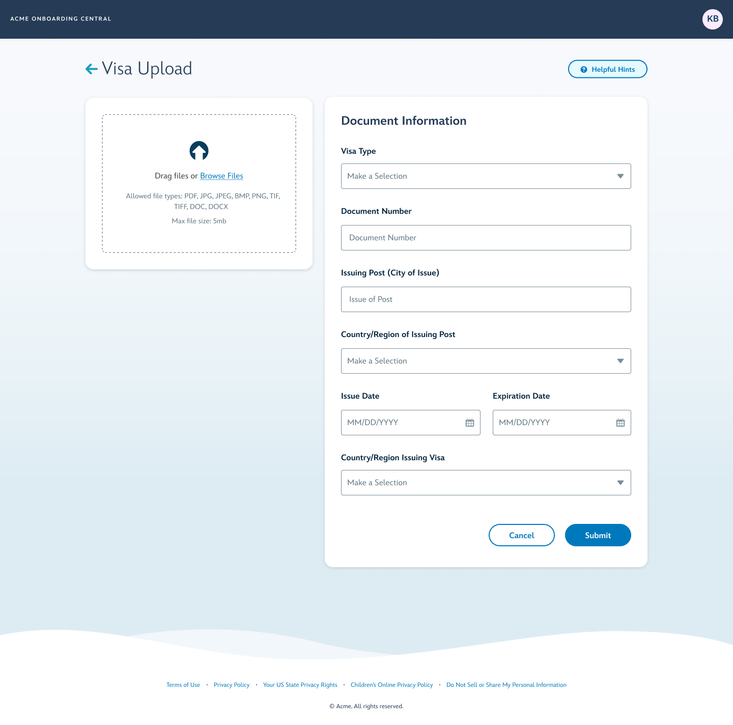 Visa image upload form empty state