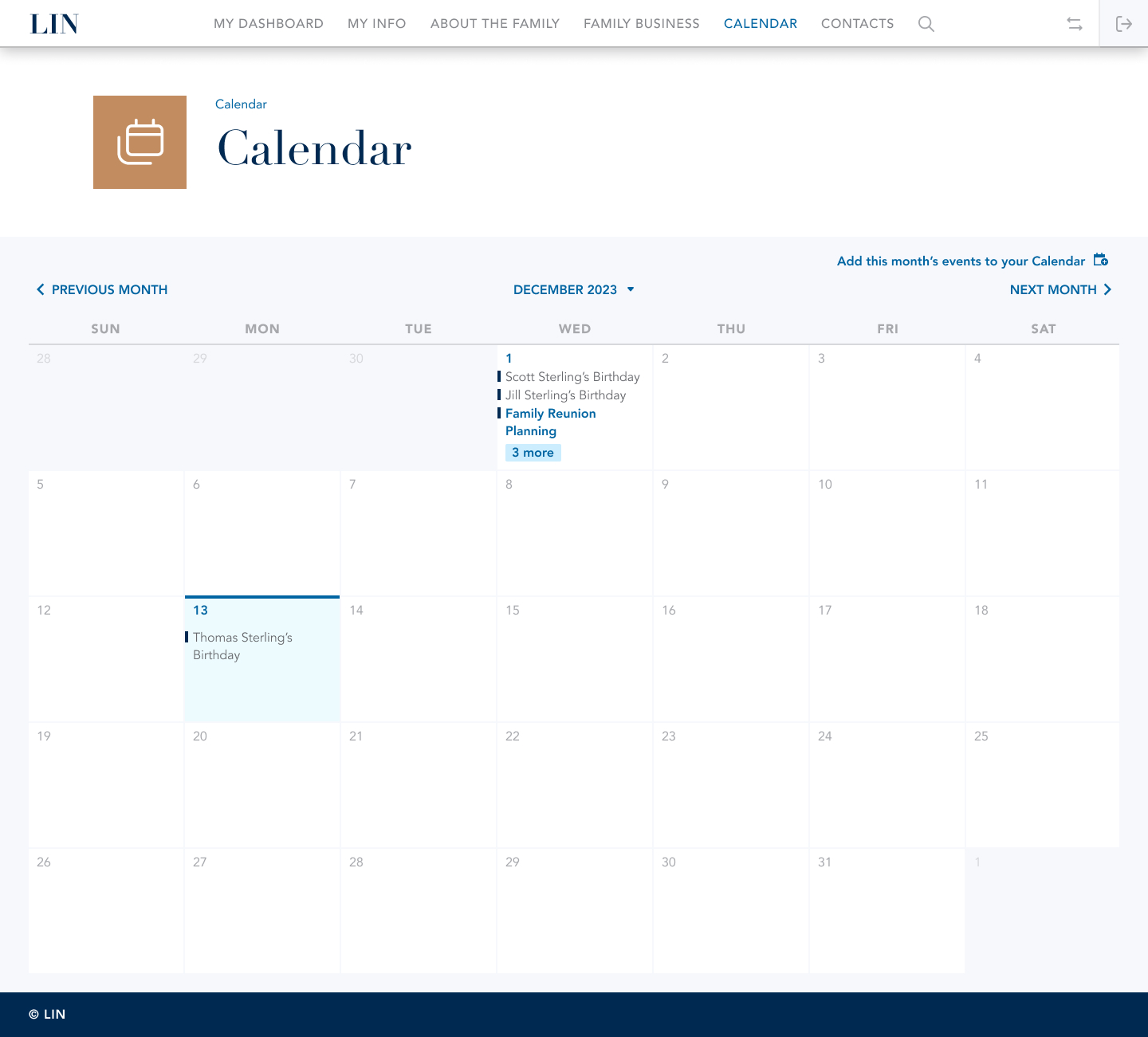 Family calendar landing page on desktop