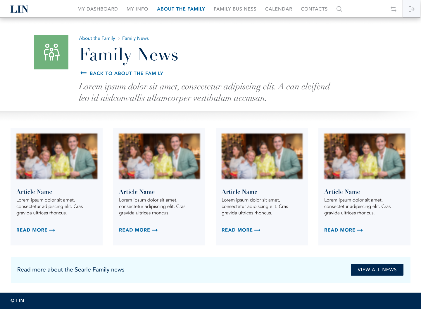 Family news landing page with article cards