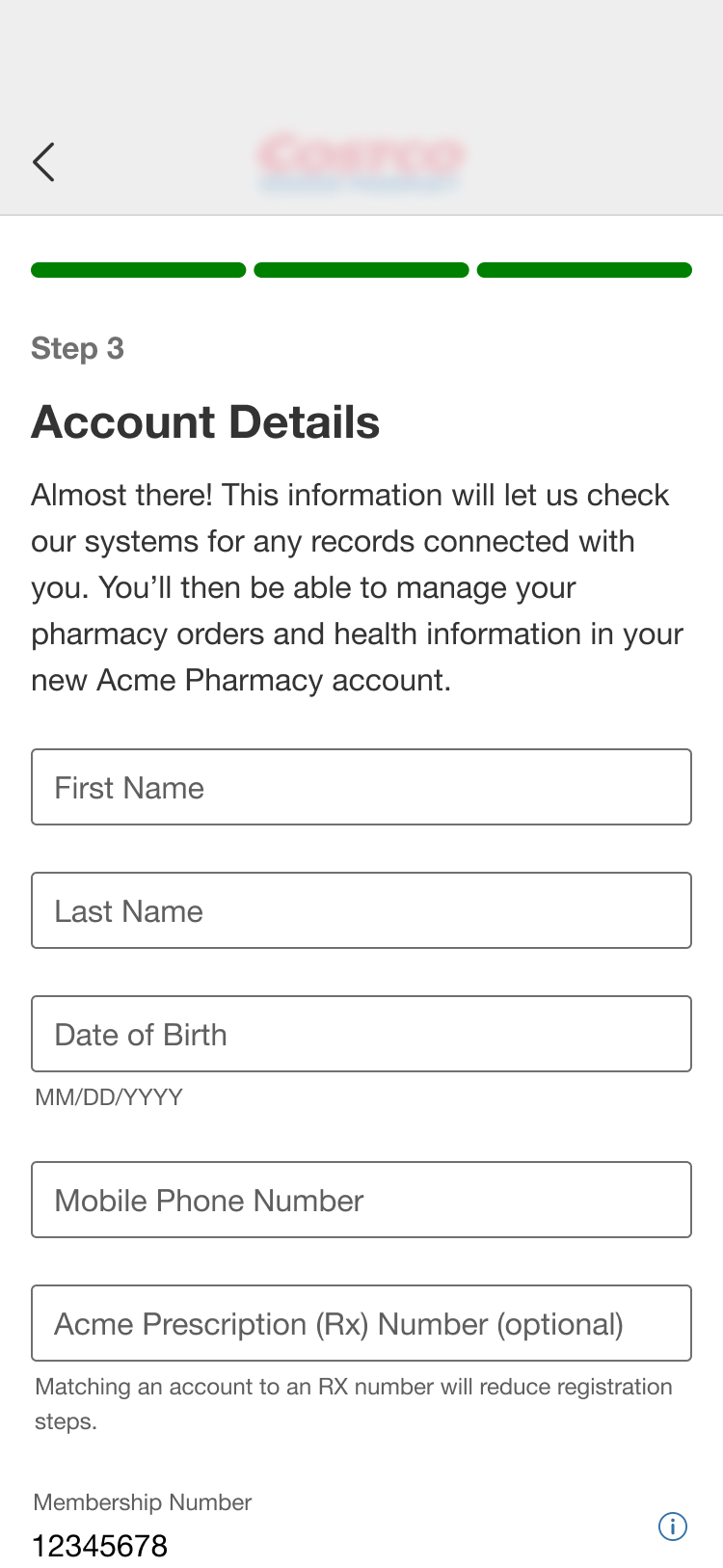 Account details form with membership-linked fields