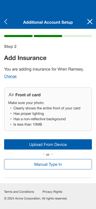 Add insurance step with upload or manual entry options