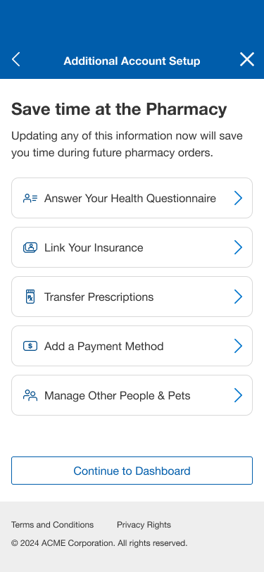 Additional account setup menu listing optional tasks