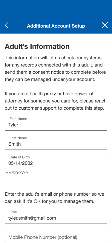 Form to enter another adult’s information for consent