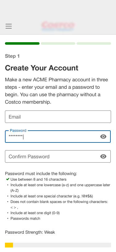 Create account step one with password rules and strength indicator