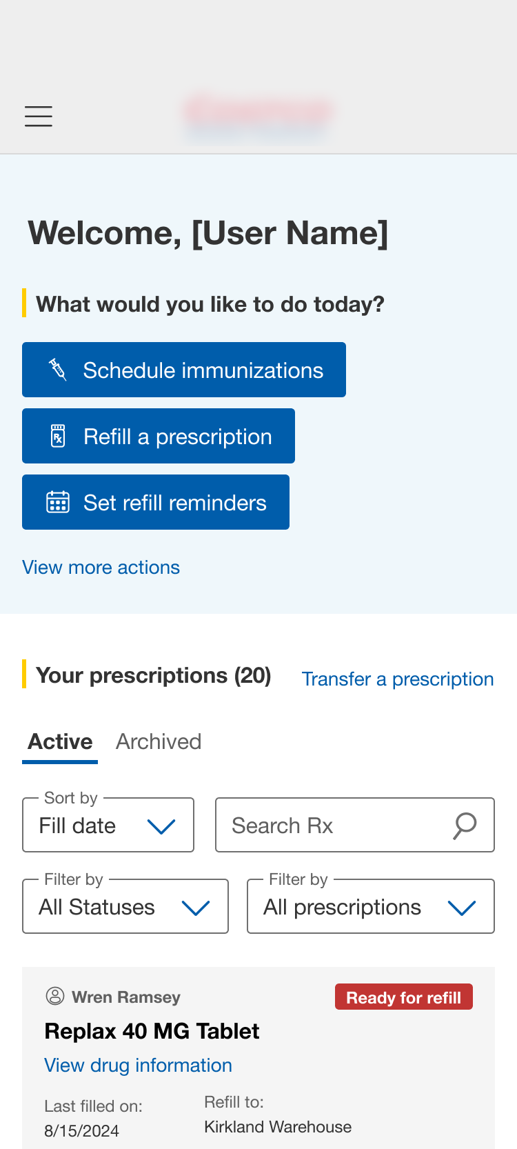 Pharmacy home with welcome message, quick actions, and prescription list