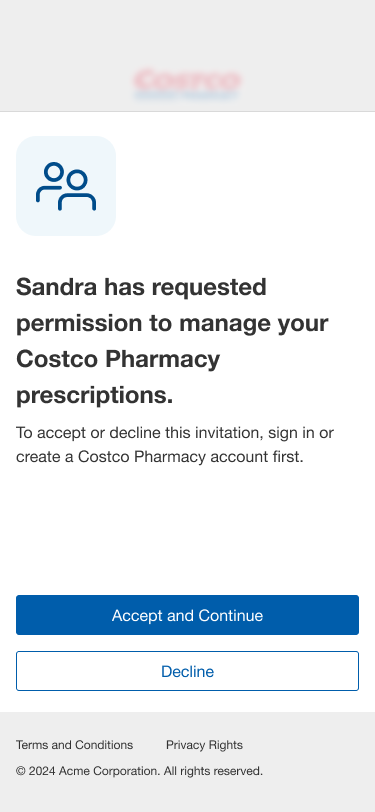 Screen asking user to accept or decline a request to manage another person’s prescriptions