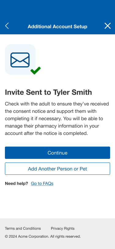 Confirmation that an invite was sent to the other adult