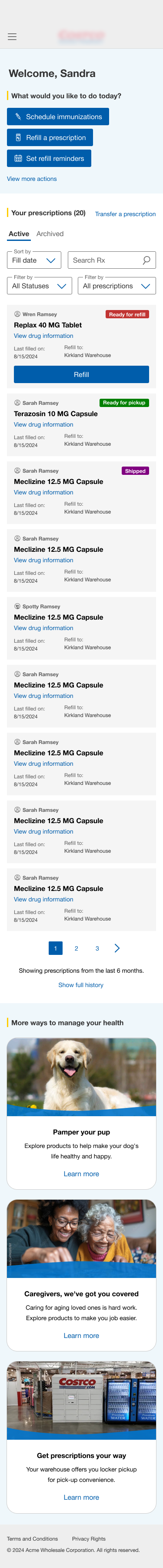 Pharmacy dashboard with account and prescription actions