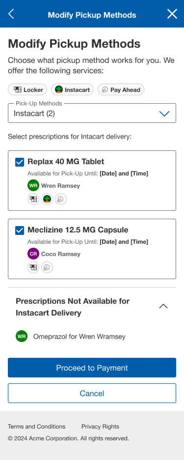 Modify pickup methods with Instacart selected and eligibility called out