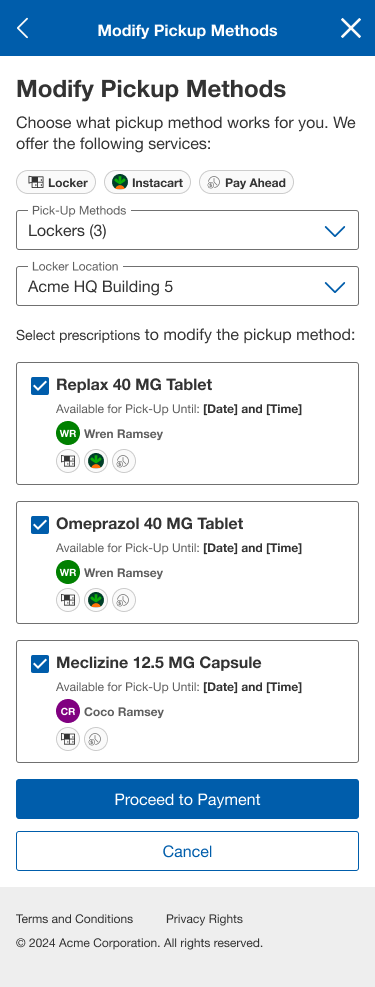 Modify pickup methods flow with locker location and prescription selection