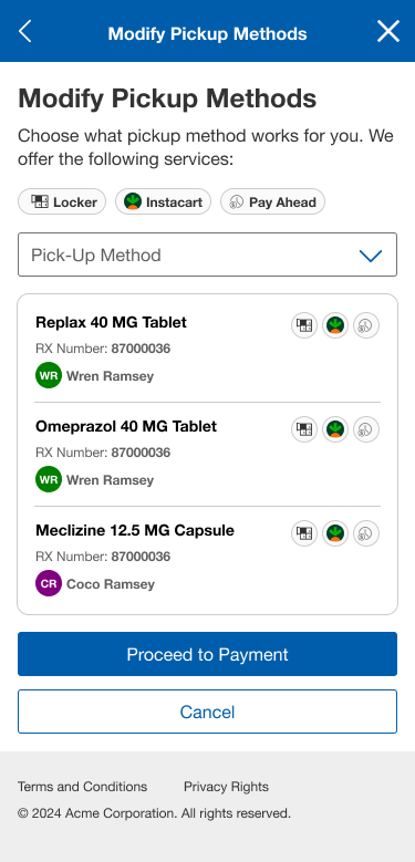 Modify pickup methods with pay ahead option