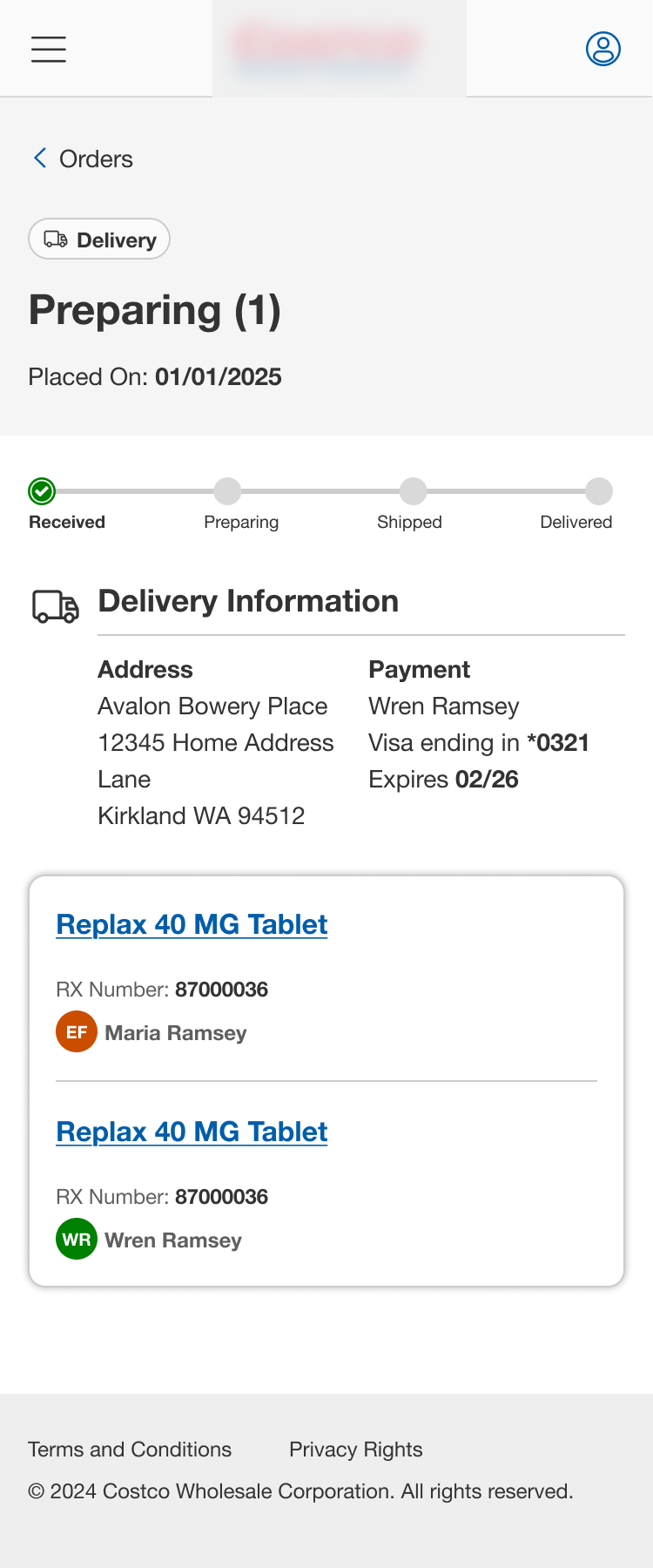 Delivery order in preparing state with address and payment