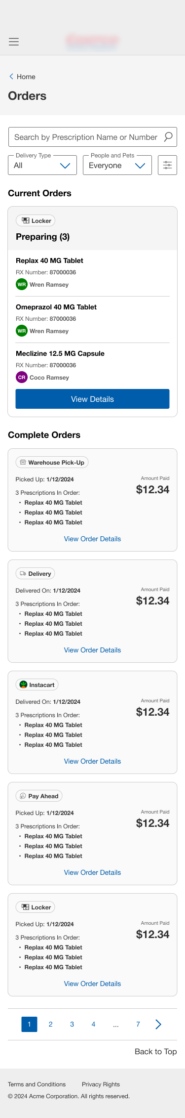 Orders list with search, filters, and current versus complete sections
