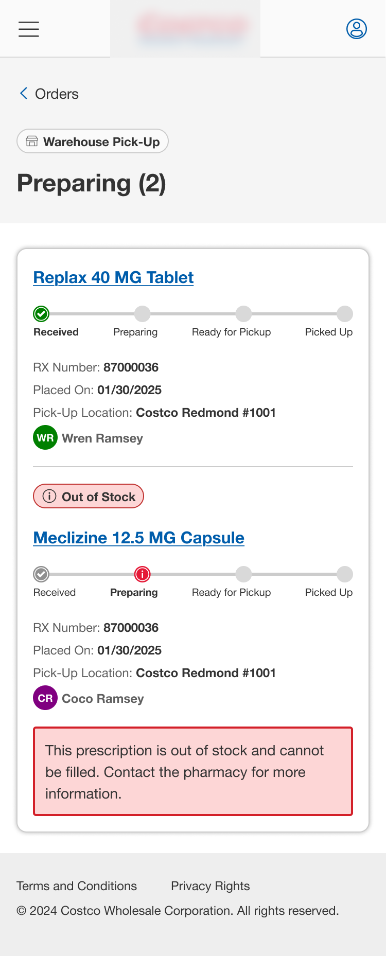 Warehouse pick-up orders in preparing state with one item flagged out of stock