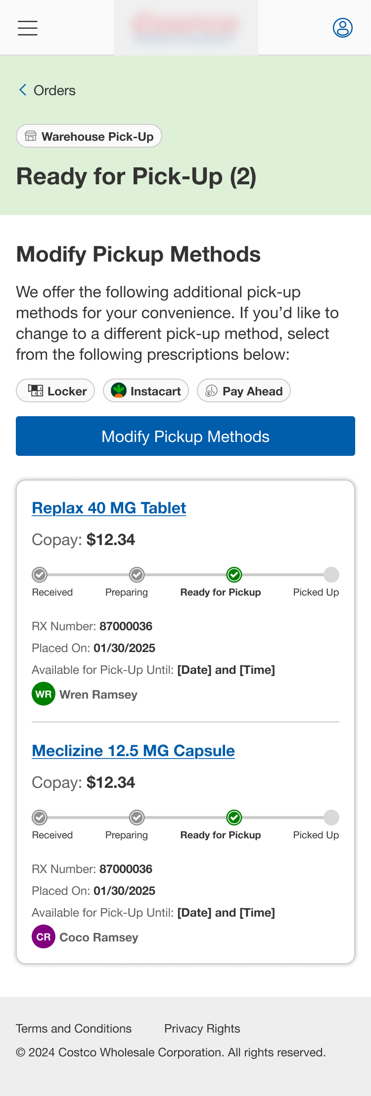 Orders ready for pick-up with option to change pickup method