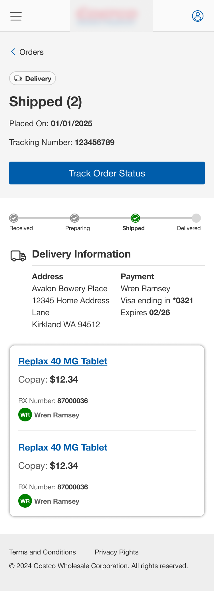 Shipped delivery order with tracking number and status stepper