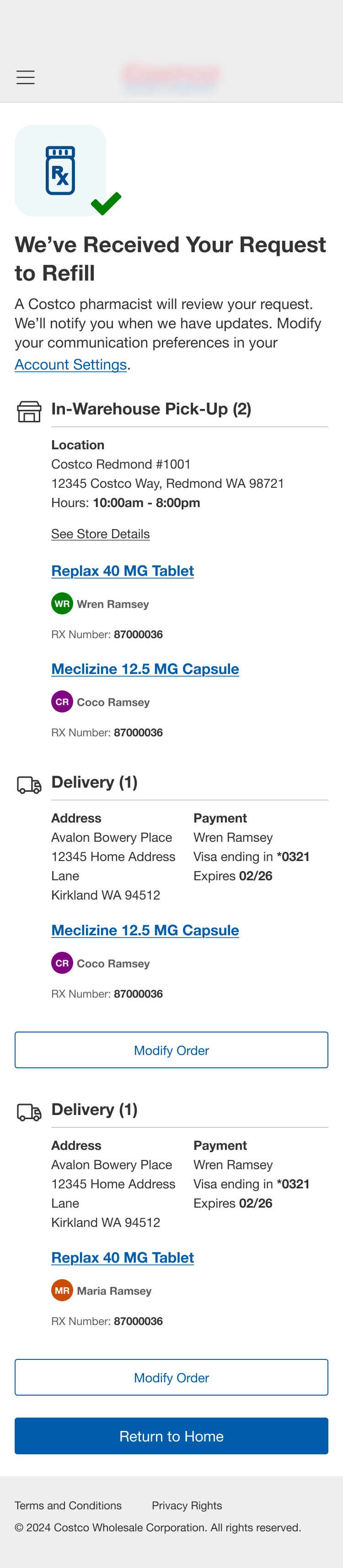 Refill request received confirmation with warehouse and delivery groupings