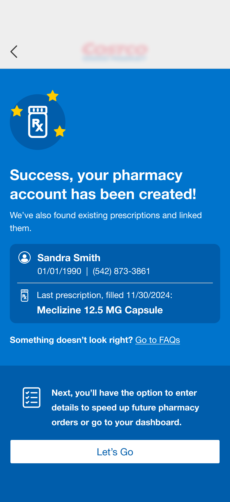 Success screen confirming pharmacy account created and prescriptions linked