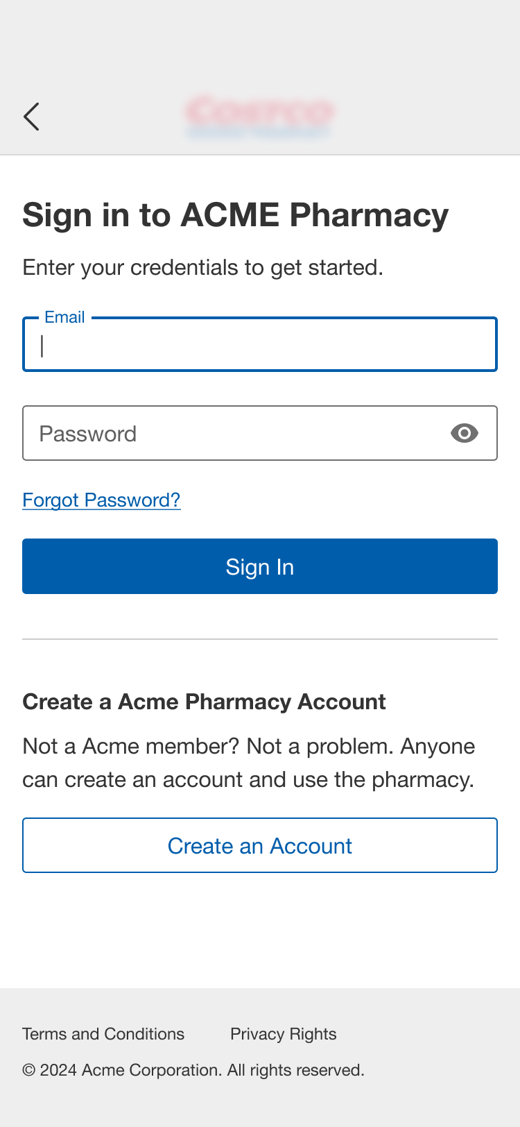 Mobile sign-in screen with email and password fields and create account option