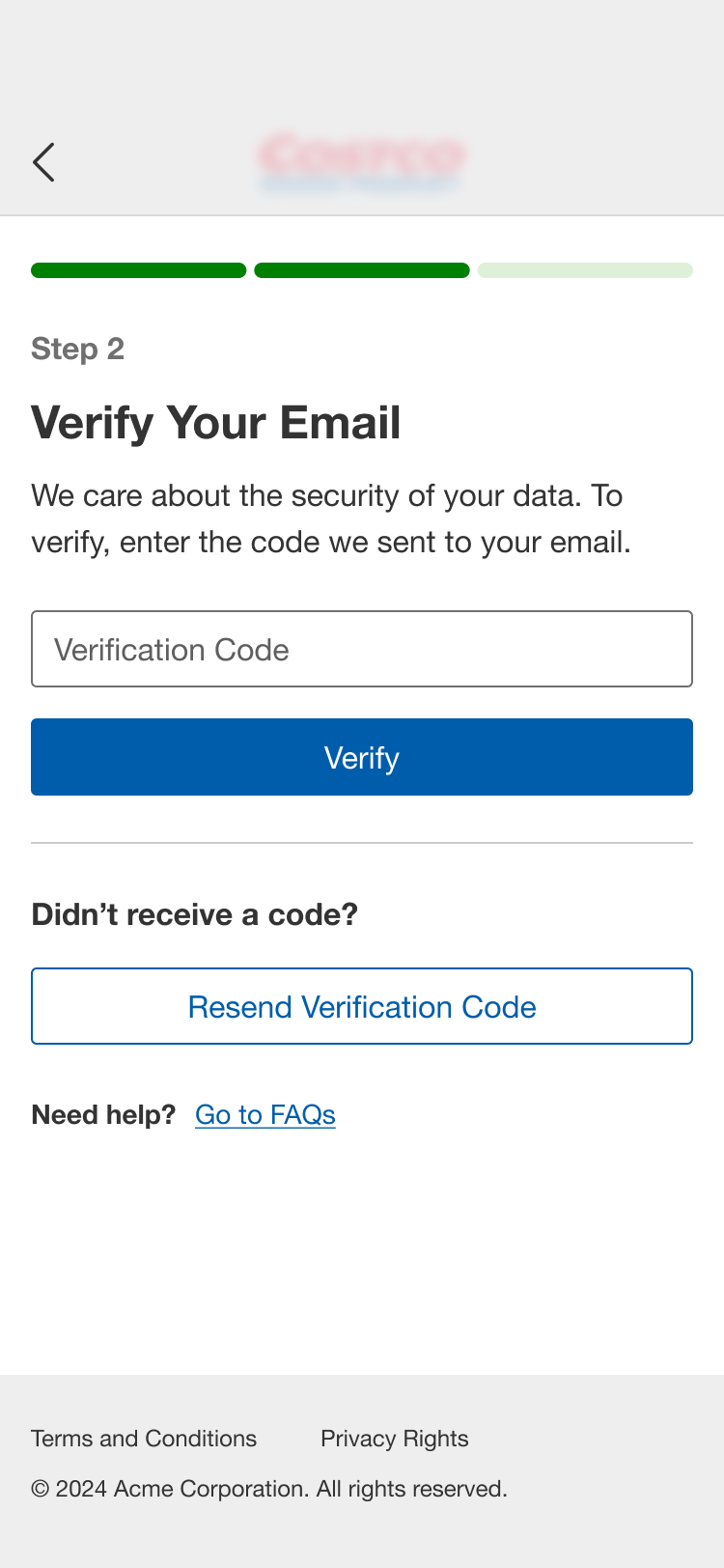 Email verification step with code entry