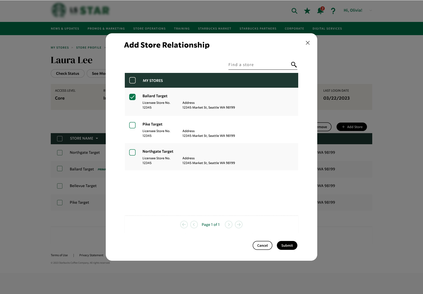Add store relationship modal for linking an employee to multiple stores