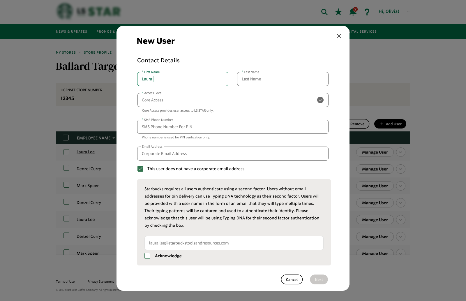 New user modal explaining alternate second-factor authentication for an employee without a corporate email