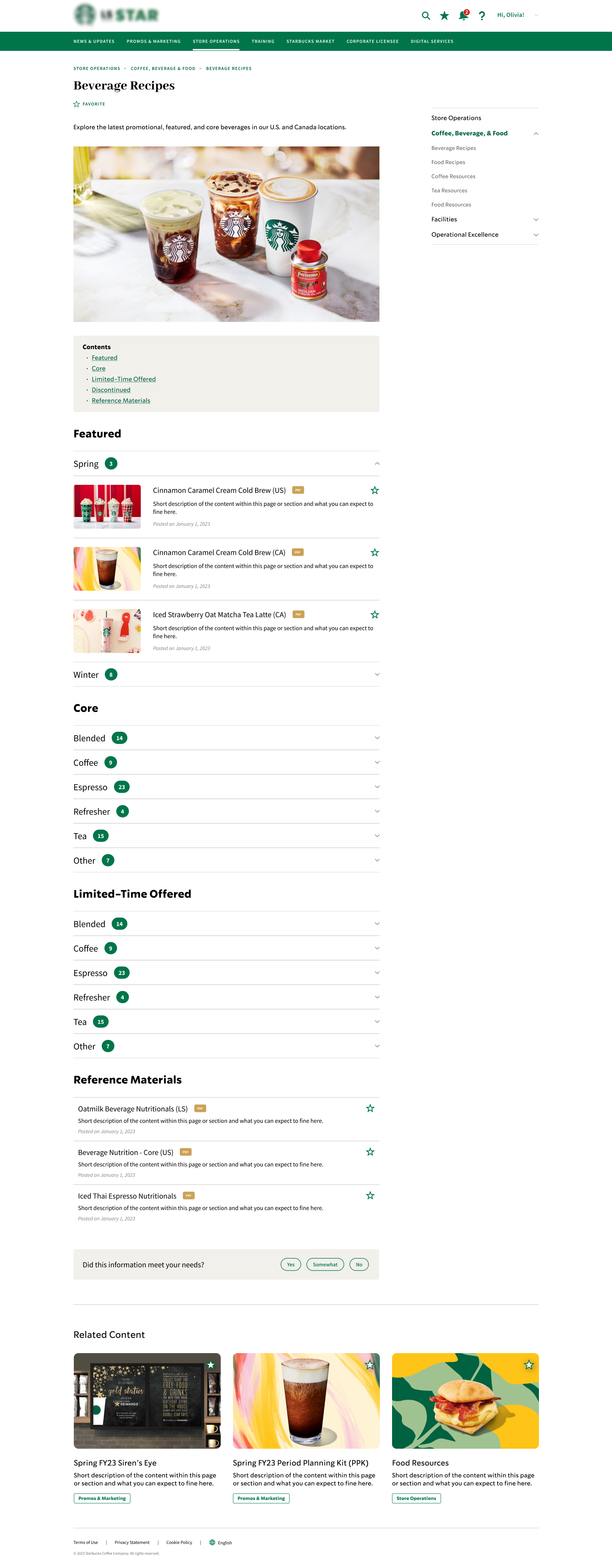 Beverage recipes page with seasonal content and operational reference materials