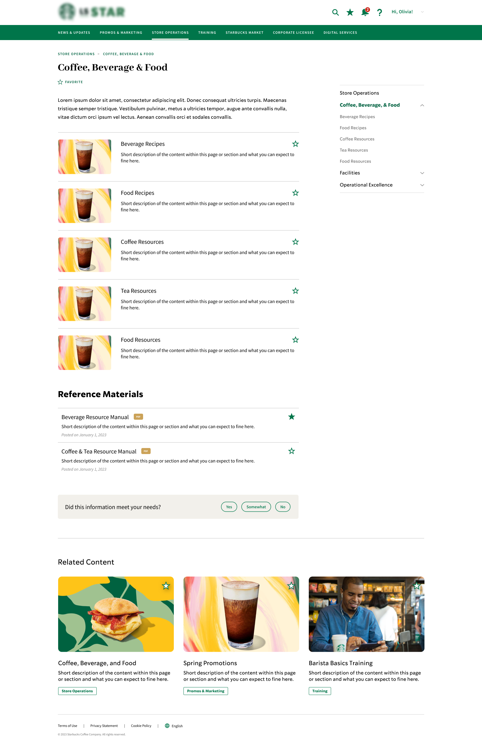Coffee, beverage, and food section with grouped resources and reference materials
