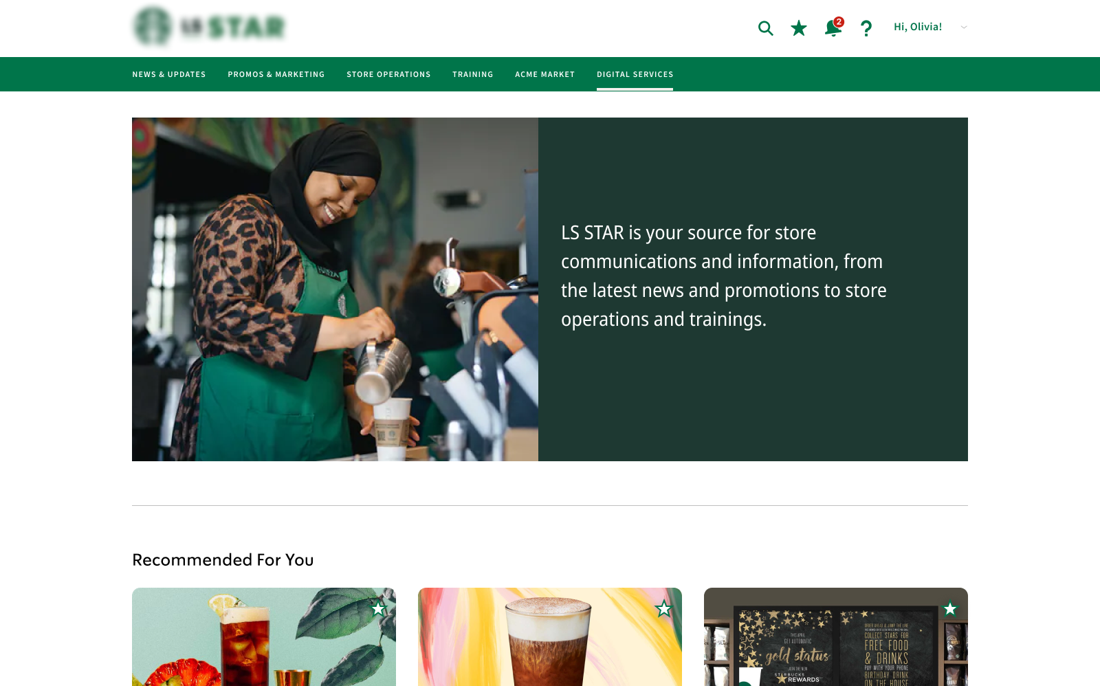 StoreLink homepage for store manager role