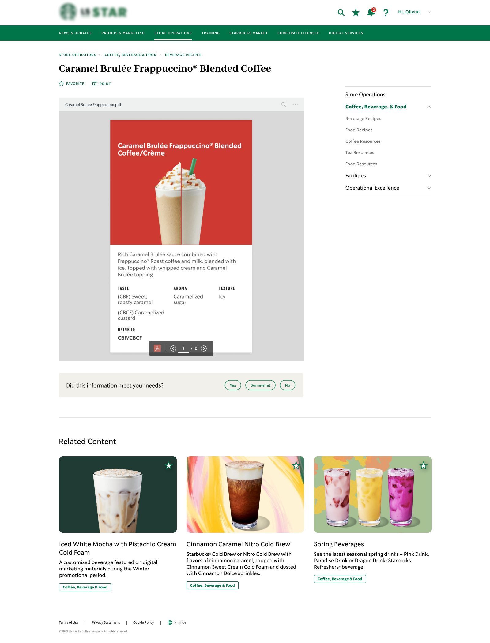 Embedded beverage recipe PDF with related operational content