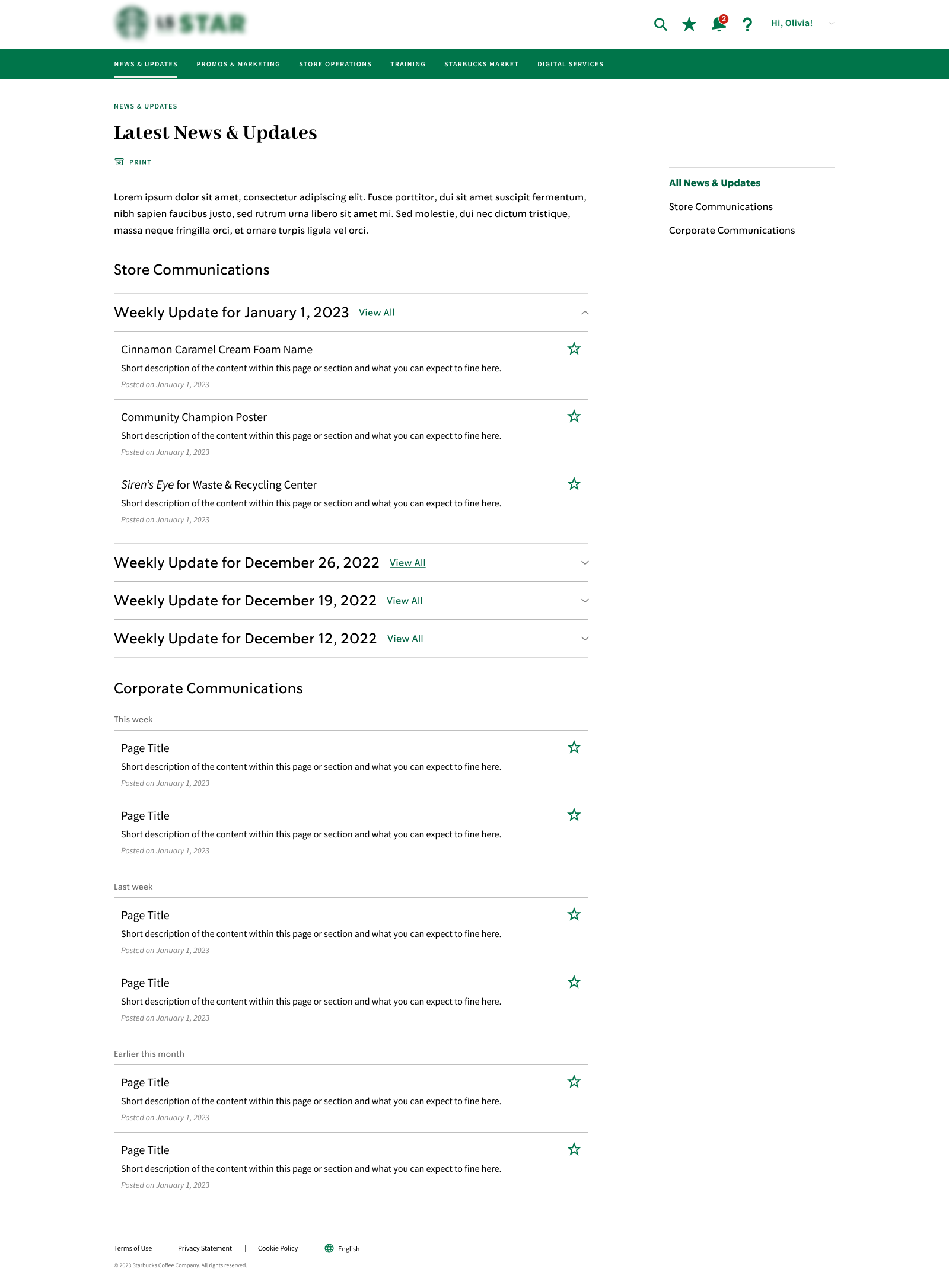 News and updates page with store and corporate communications