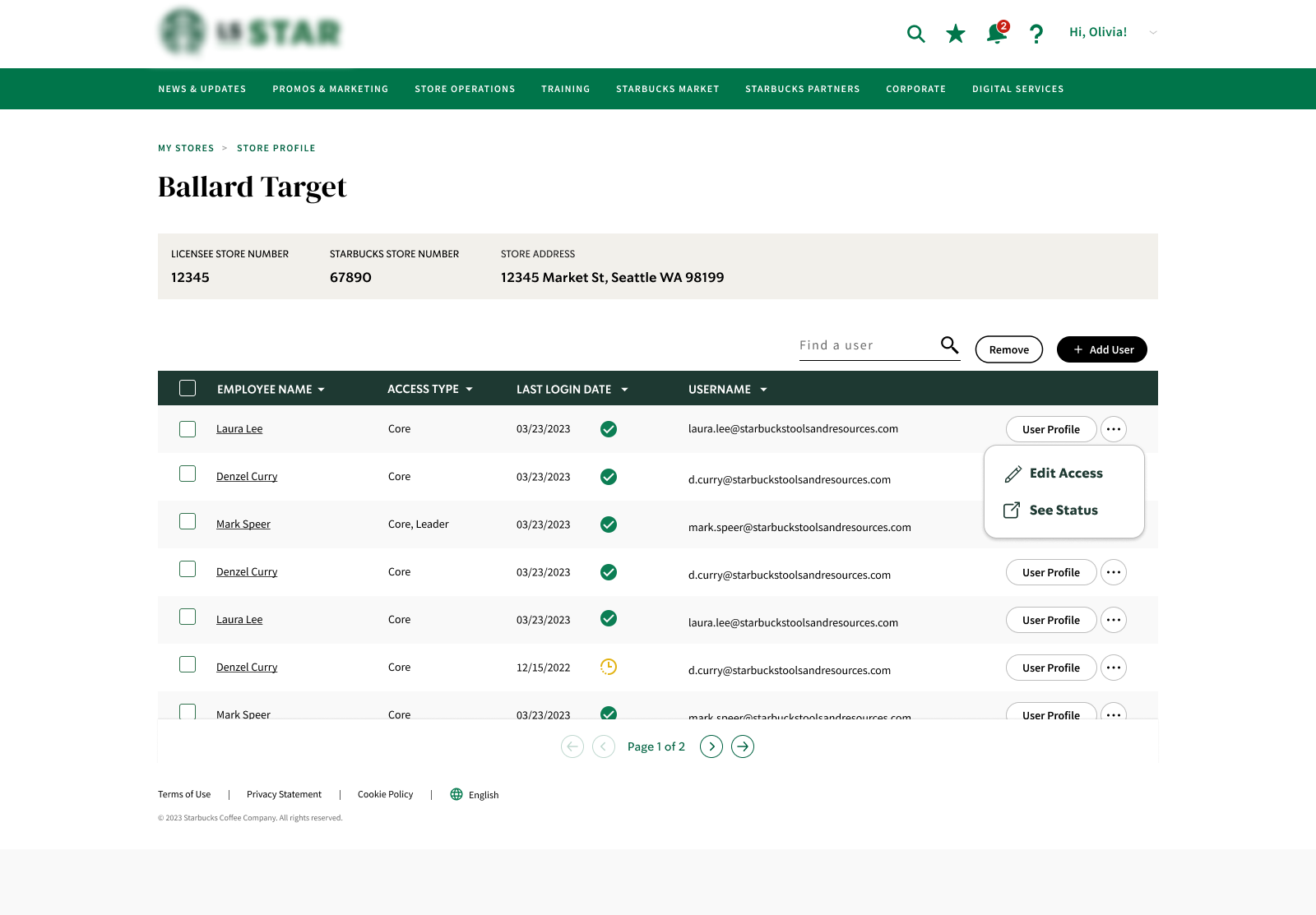 Store profile showing store details and employee access management