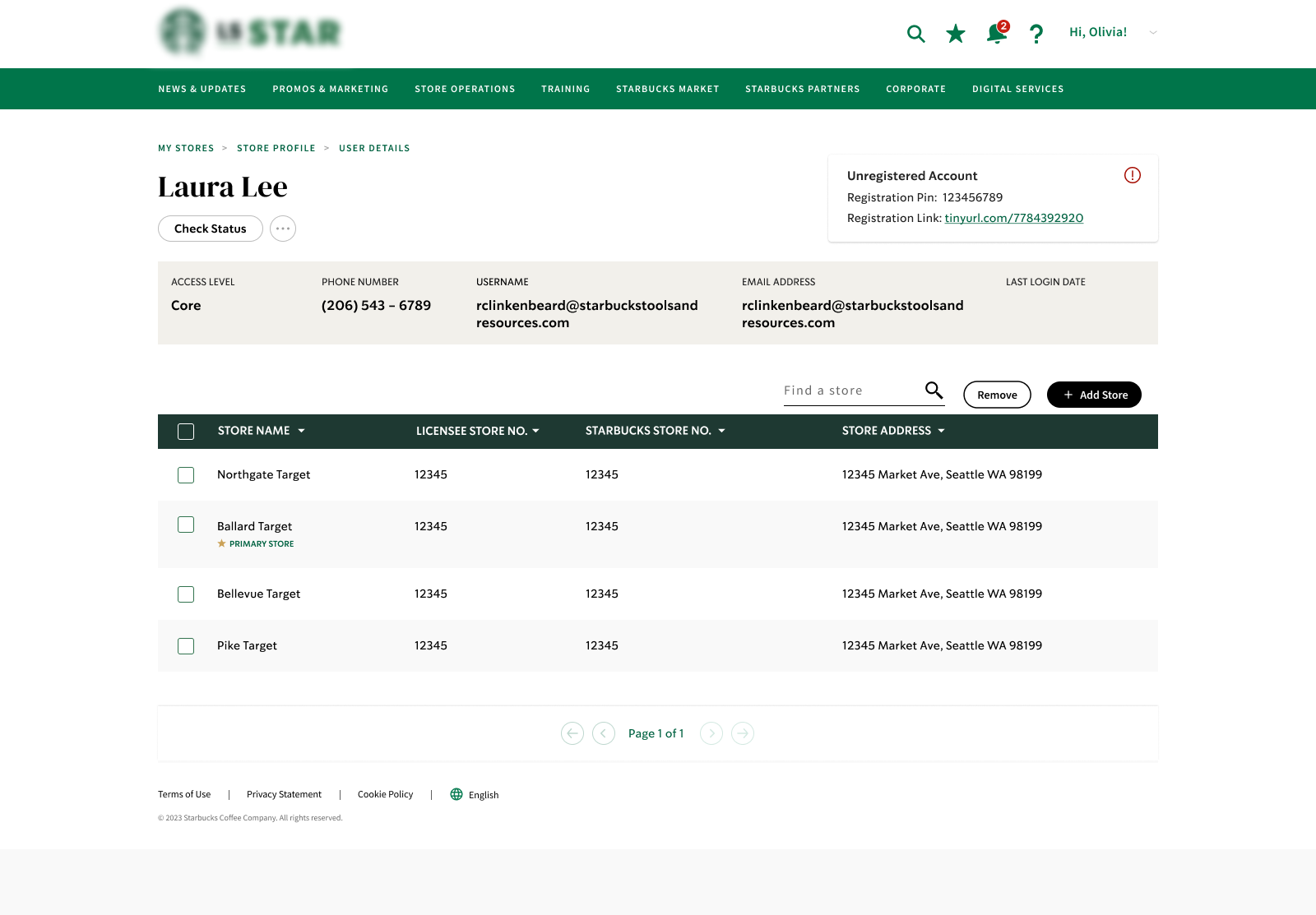 User detail page showing account information and assigned store relationships