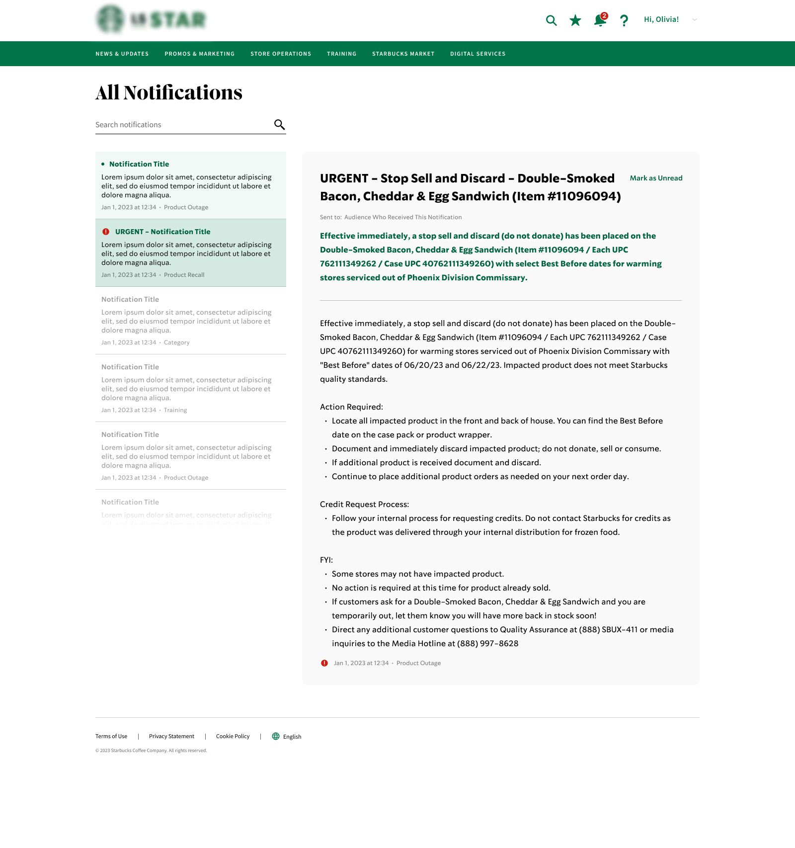 Product recall notification with urgent action guidance for store teams