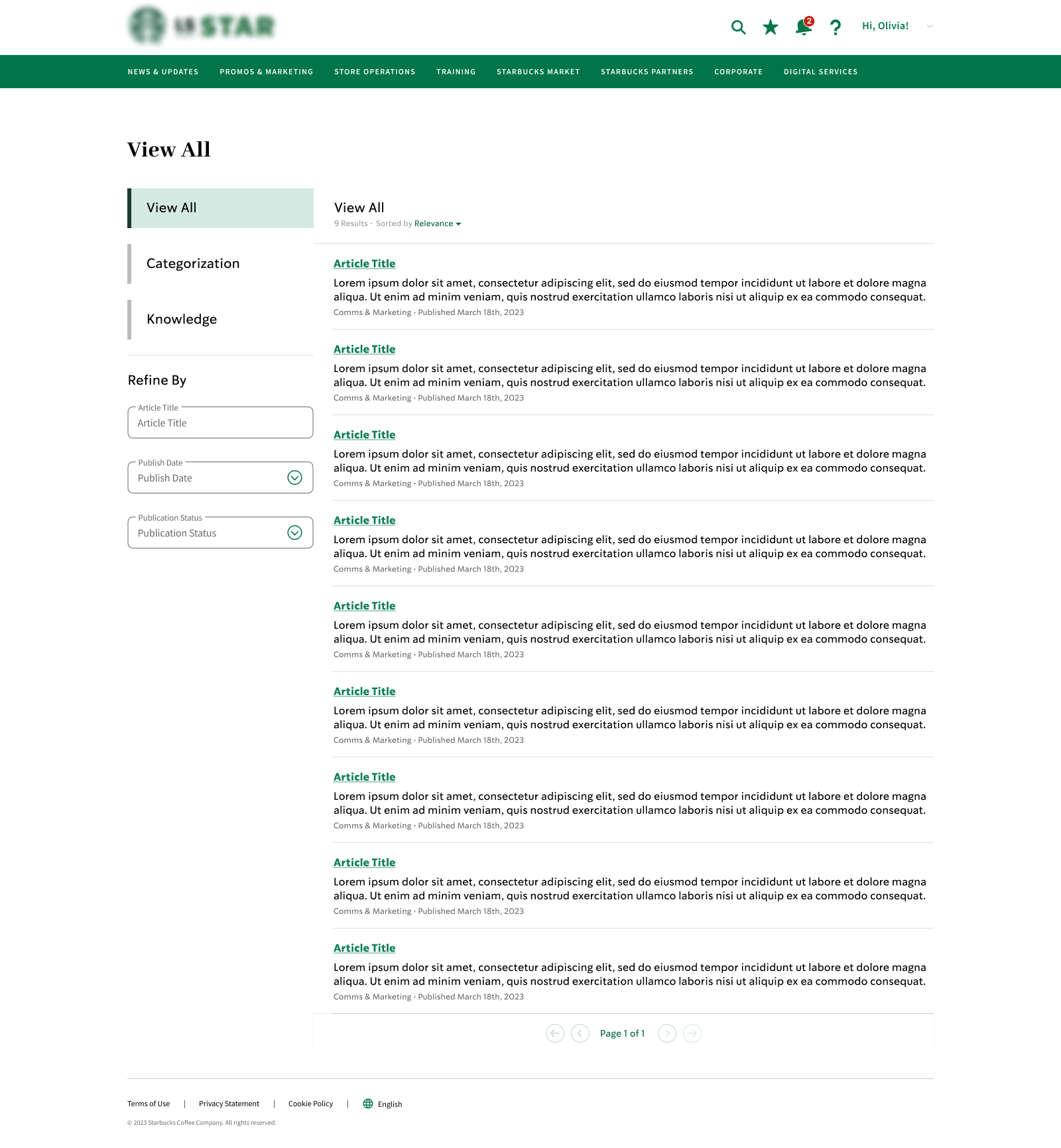Search results page with filters and operational content results