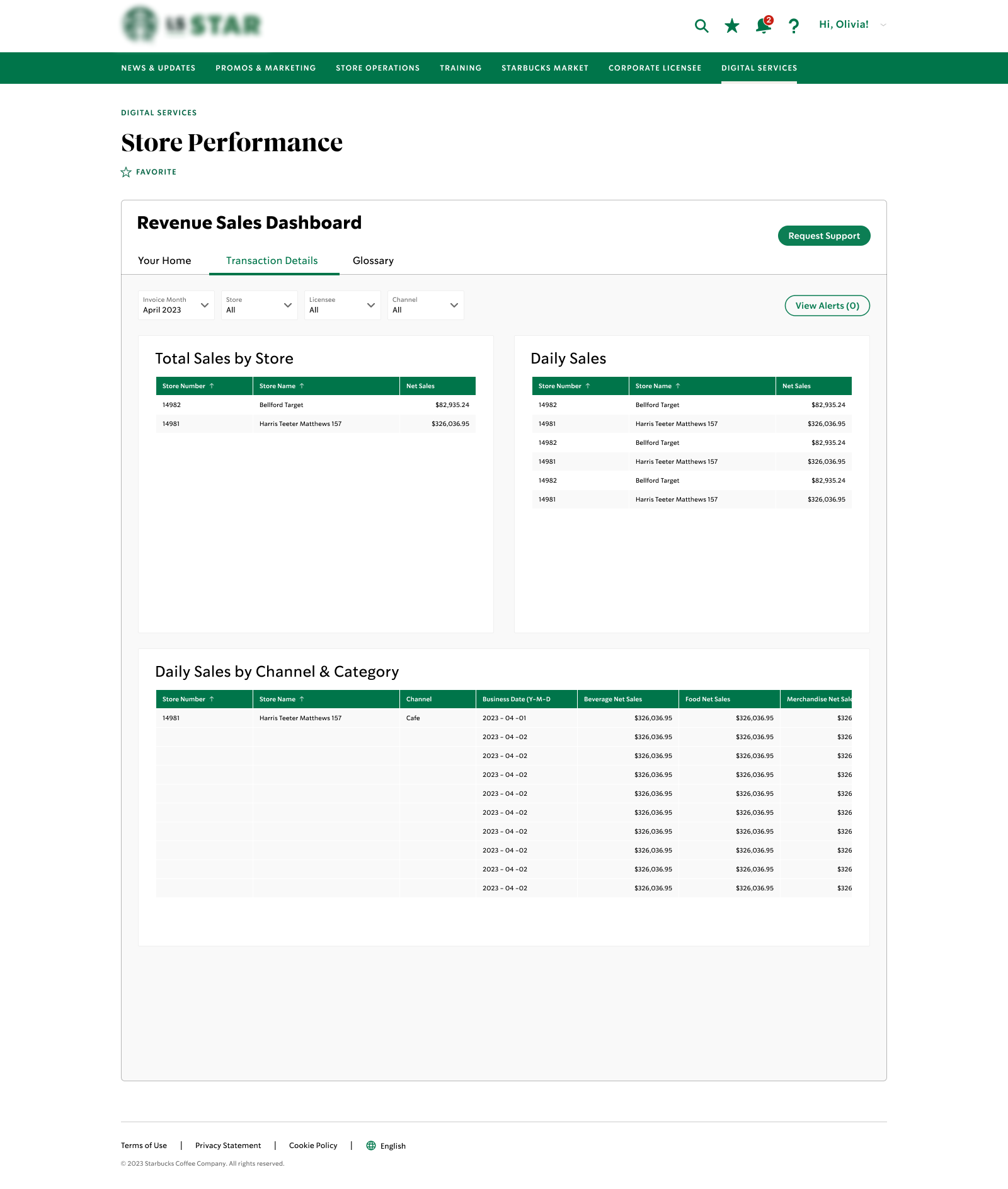 Store performance transaction details with sales tables and filters