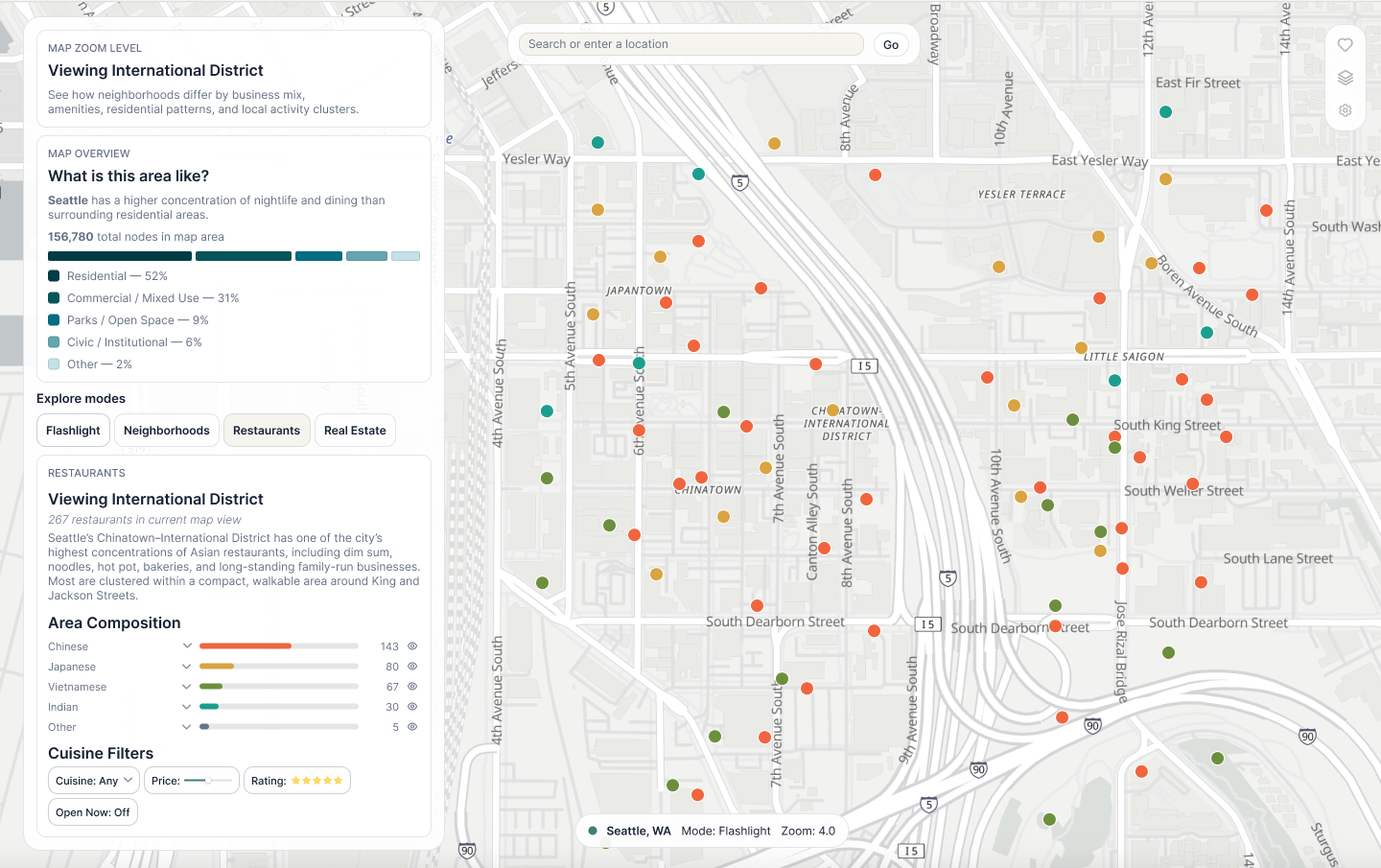 Seattle Chinatown-International District map showing individual restaurants and cuisine composition in a synchronized context panel