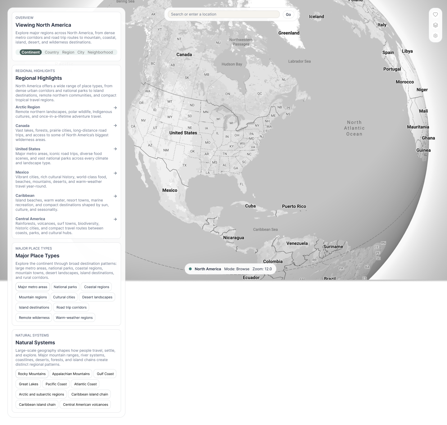 Continent-scale map showing broad natural systems, major geographic patterns, and representative regions
