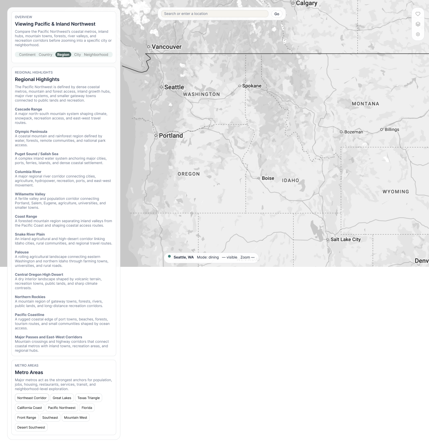 Region-scale map showing landscape character, cities, routes, recreation, and seasonal context